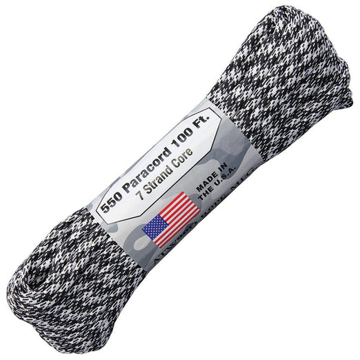 Atwood Paracord (Parachute Cord) 550 Type, 7 Strands, 100 Feet (Rorschach -  Black/White/Gray Color)
